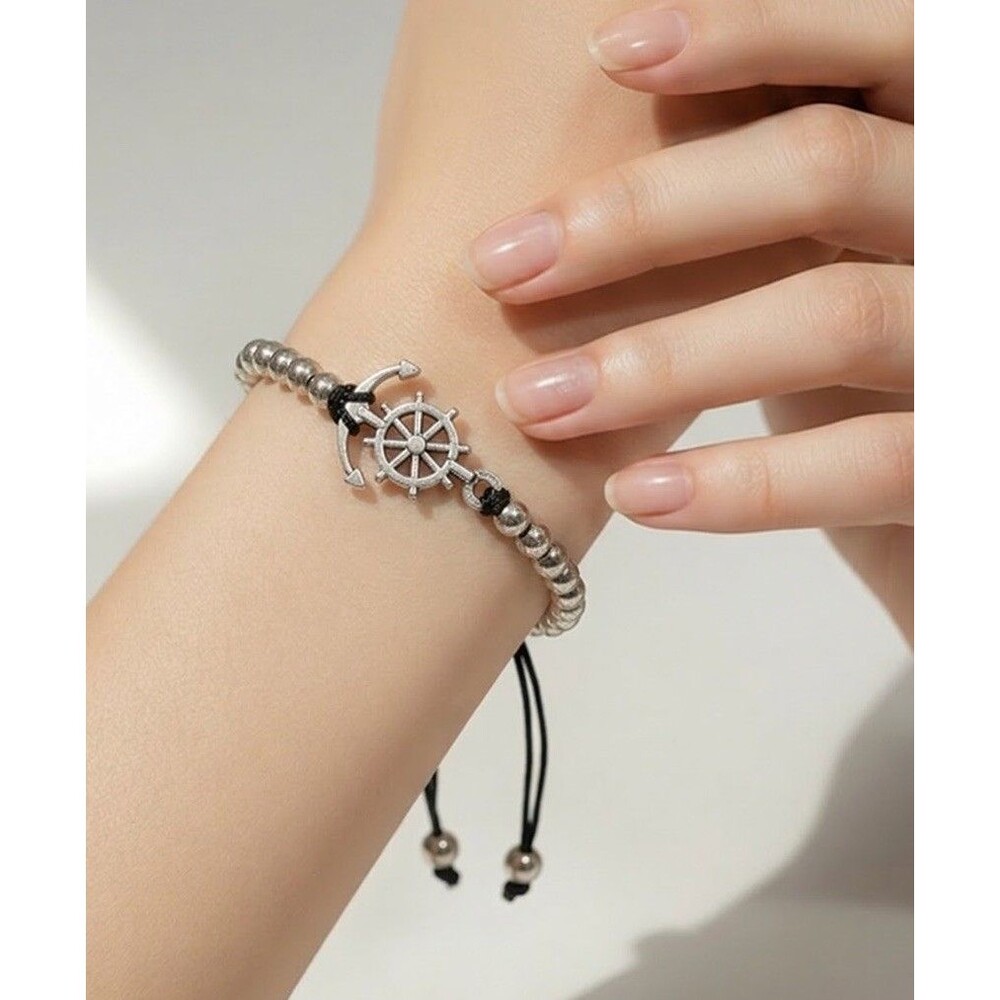 Nautical Anchor & Ship Wheel Bracelet Silver Beads Adjustable Rope Unisex 6-9" - Picture 12 of 12